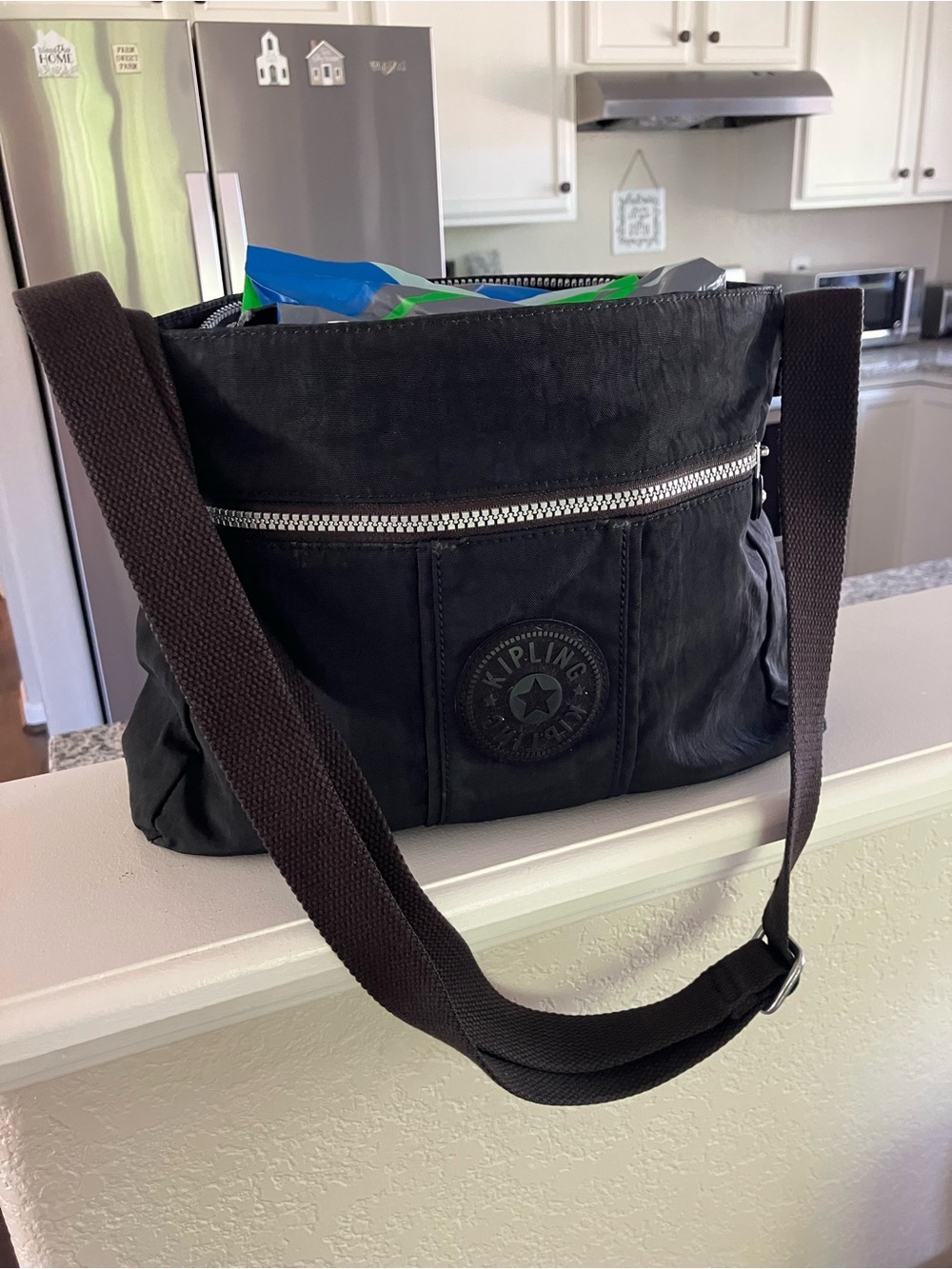 Kipling Black Messenger Bag with Brown Strap